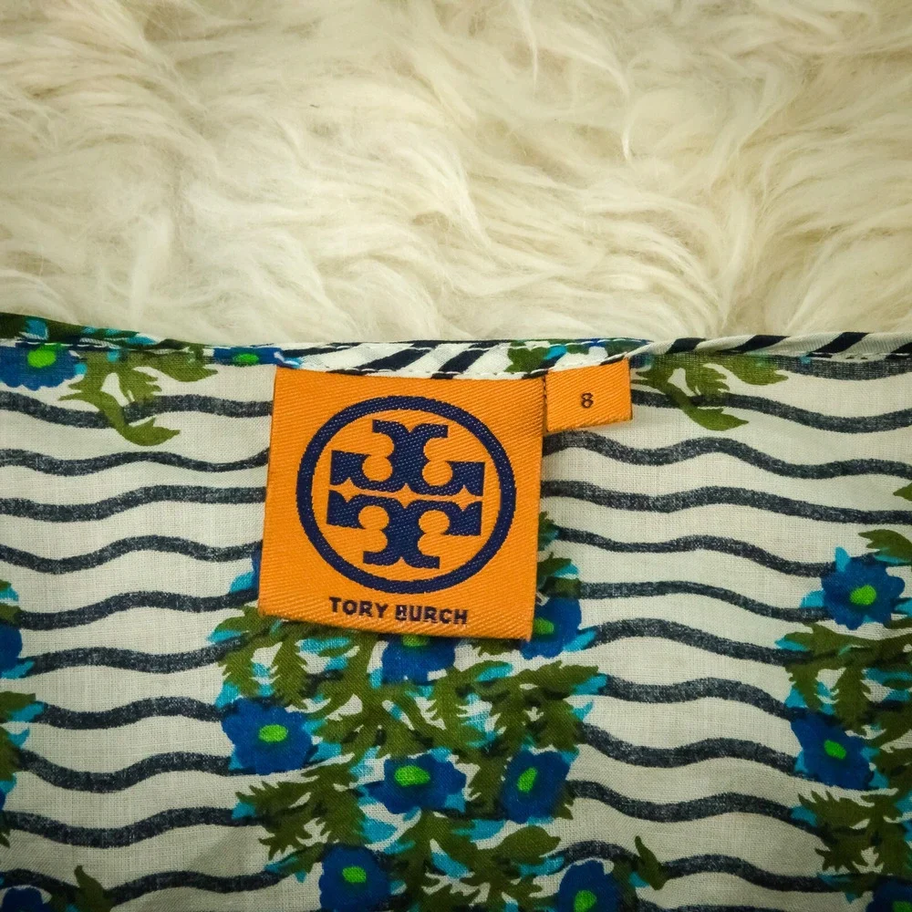 Tory Burch Size 8 Evelina Cotton Voile Stripe Floral Print Scoop Tie Cotton Top